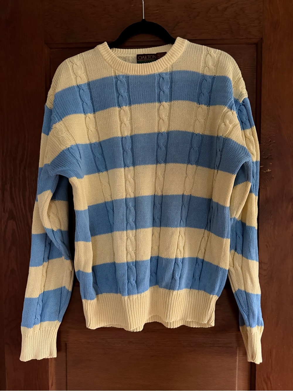 Vintage Women's Oakton Limited Blue and Yellow Striped Cable-Knit Sweater Size L